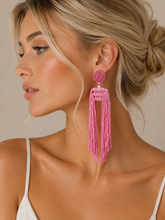 "The Statement" beaded earrings with long tassel in Pink