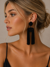 "The Statement" beaded earrings with long tassel in Black
