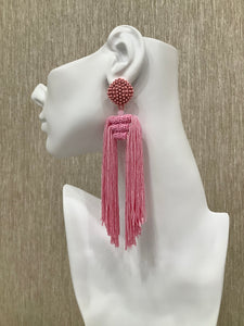 "The Statement" beaded earrings with long tassel in Pink