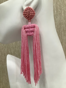 "The Statement" beaded earrings with long tassel in Pink